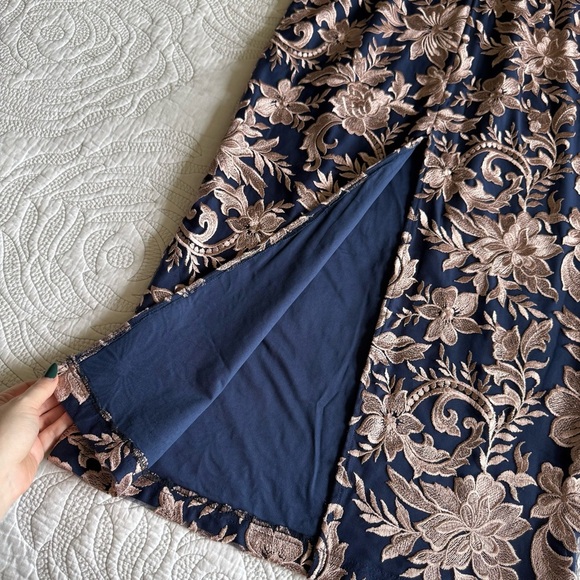 JS Collections - Embroidered Halter Gown - Latte/ Navy - Picture 15 of 15